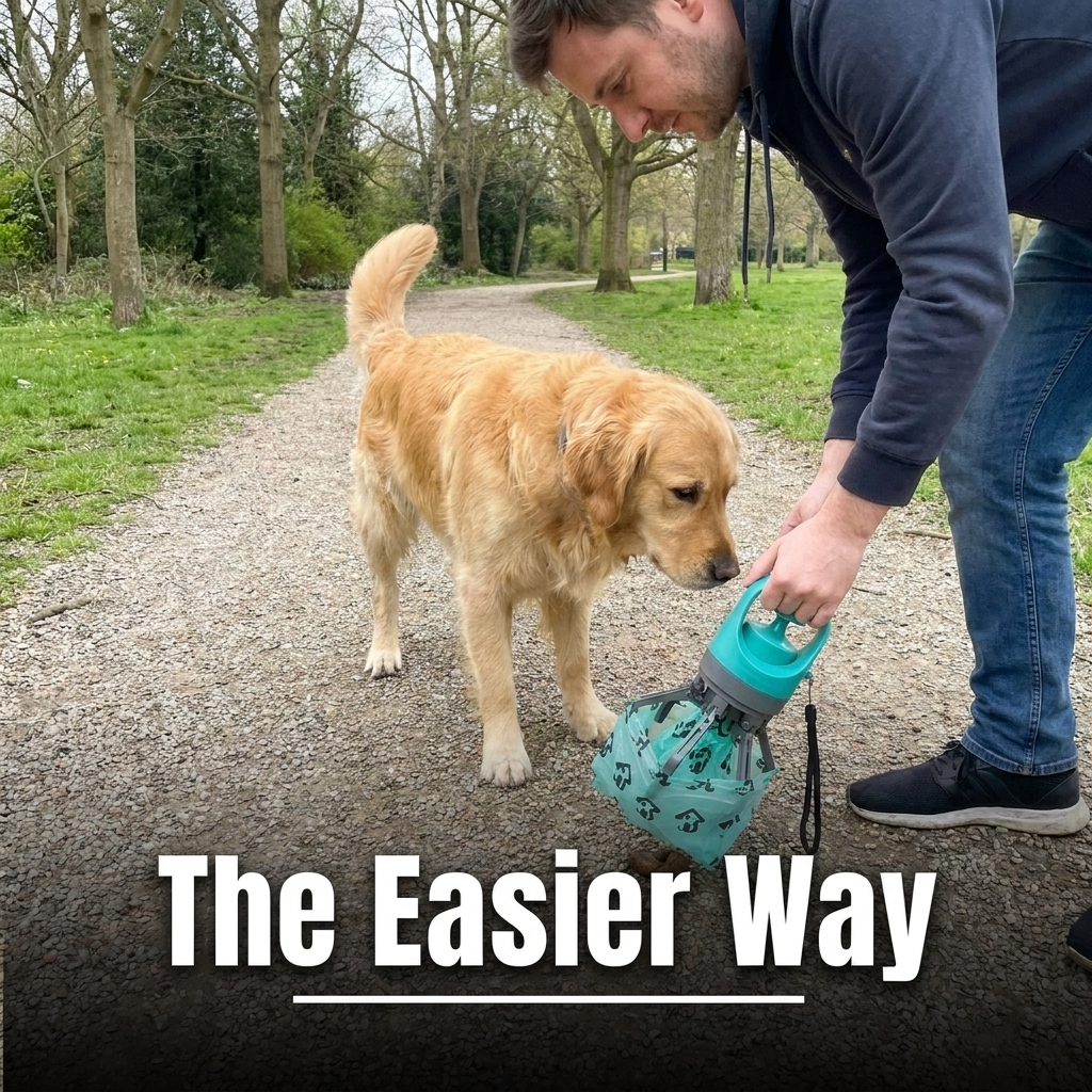 Lifestyle image with the text The Easier Way showing a man bending to use the mint green six-claw poop scooper next to a golden retriever on a tree-lined park path.