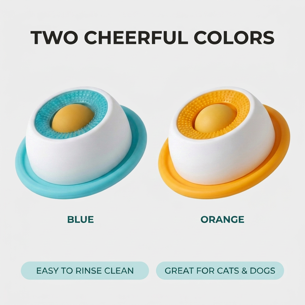 Two Cheerful Colors infographic comparing the blue and orange versions of the slow feeder toy side by side, labeled easy to rinse clean and great for cats and dogs.