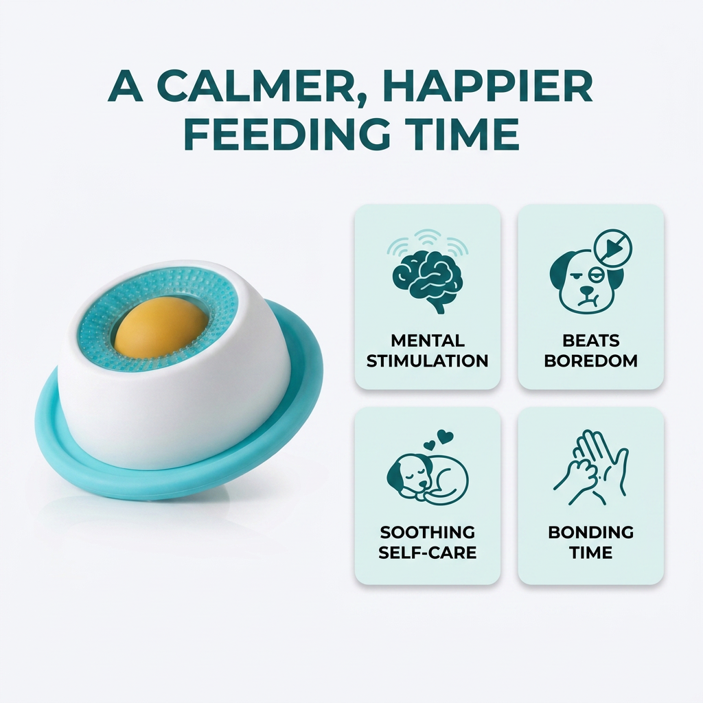 Infographic titled A Calmer, Happier Feeding Time showing the blue slow feeder toy alongside icons for mental stimulation, beating boredom, soothing self-care, and bonding time.