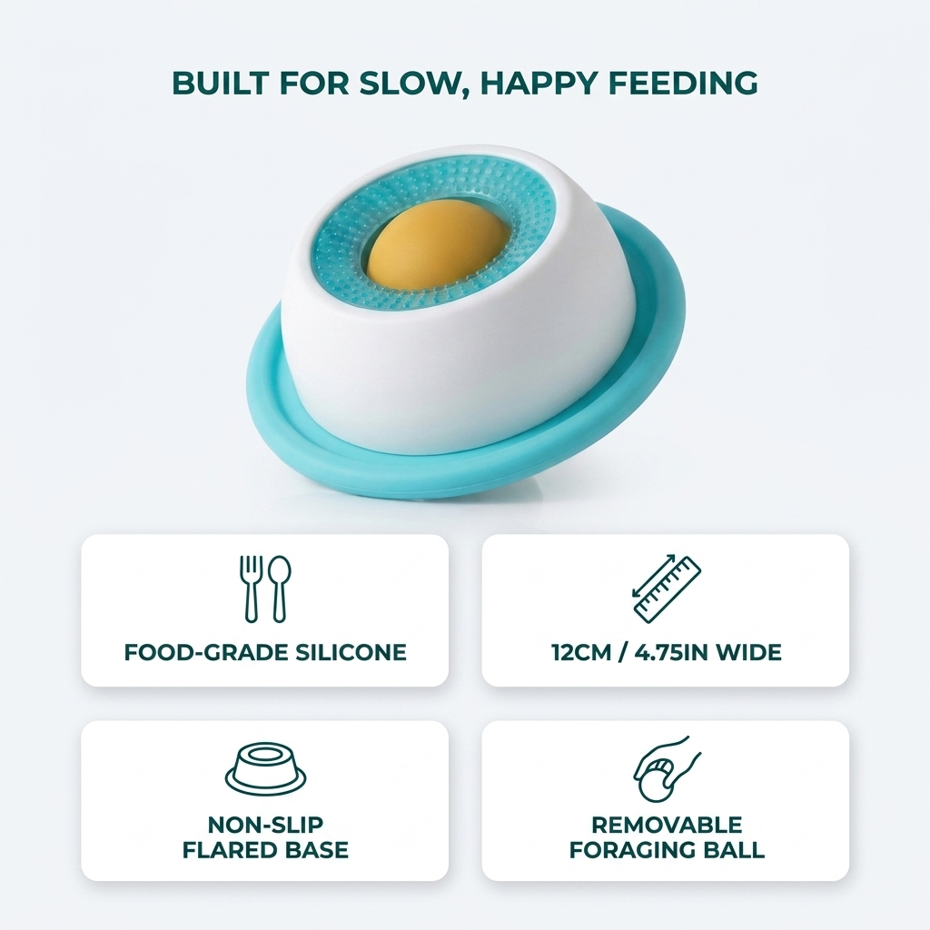 Built For Slow, Happy Feeding infographic showing the blue feeder with callouts for food-grade silicone, 12cm wide size, non-slip flared base, and removable foraging ball.