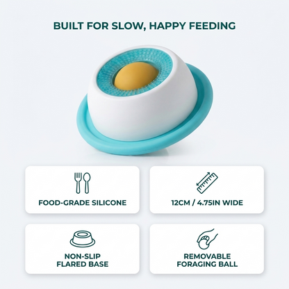 Built For Slow, Happy Feeding infographic showing the blue feeder with callouts for food-grade silicone, 12cm wide size, non-slip flared base, and removable foraging ball.