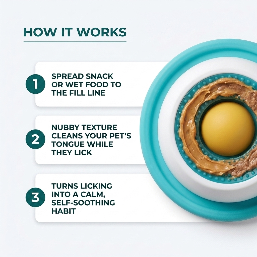 How It Works infographic with three numbered steps and a top-down view of the feeder filled with spread wet food around the center dome.