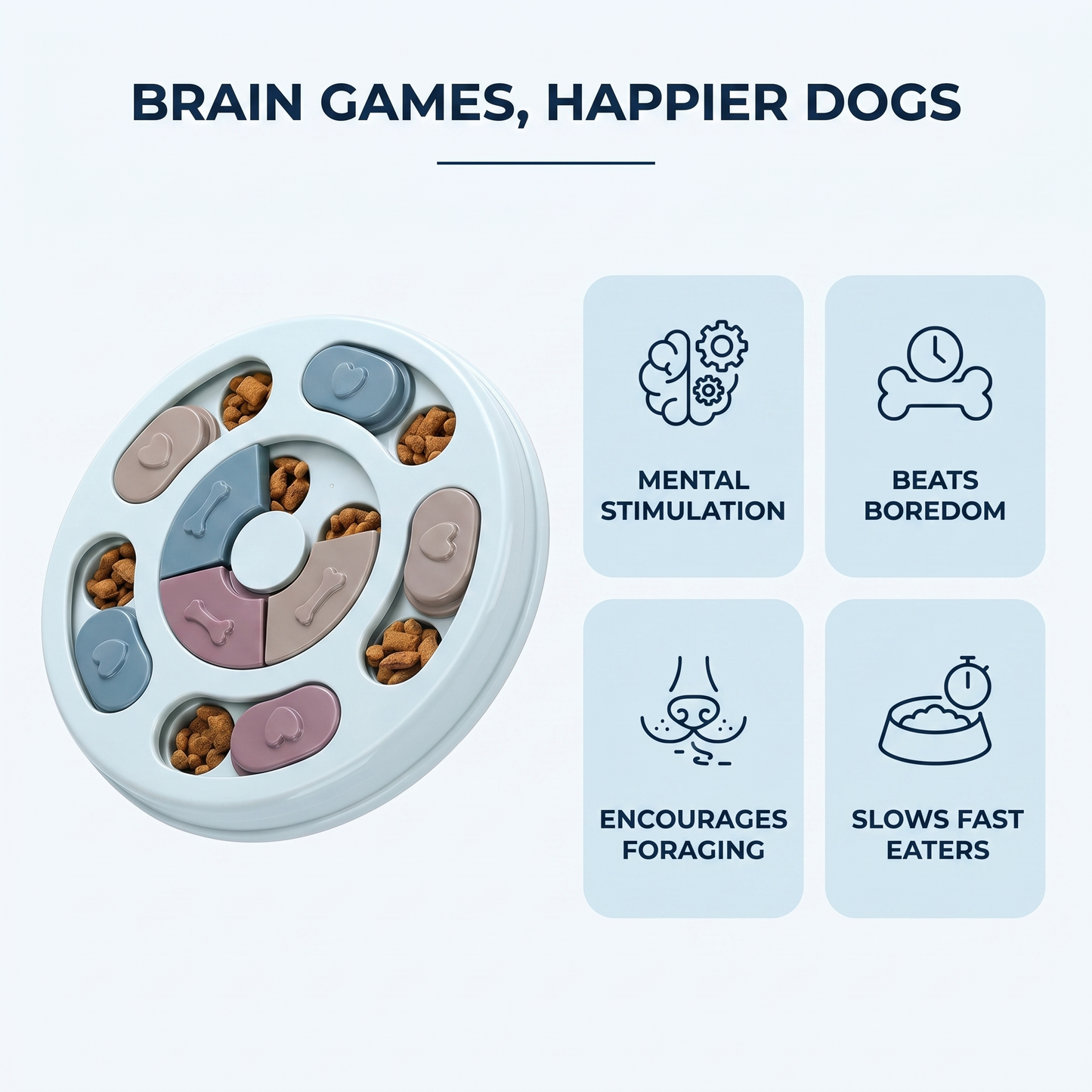 Benefits graphic showing mental stimulation, beats boredom, encourages foraging and slows fast eaters