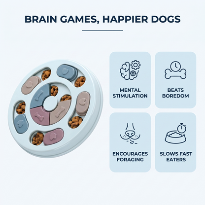 Benefits graphic showing mental stimulation, beats boredom, encourages foraging and slows fast eaters