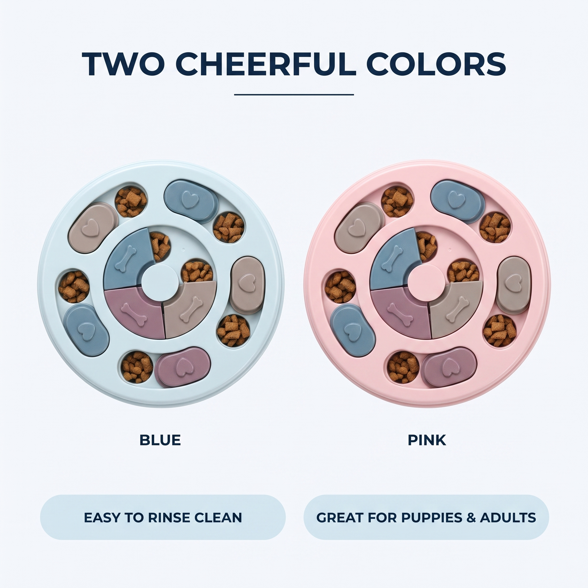 Slow feeder puzzle bowl shown in blue and pink, easy to rinse clean and great for puppies and adults