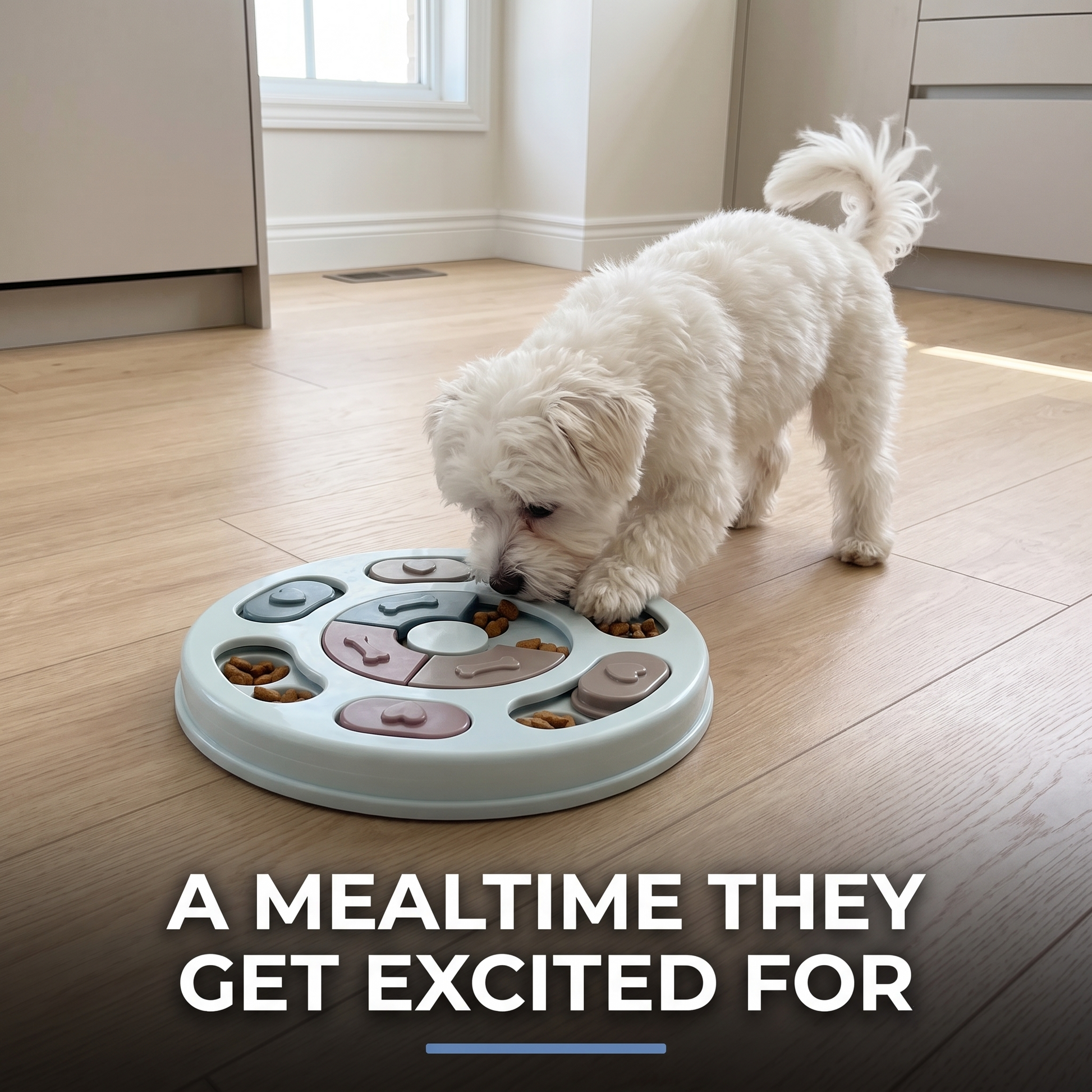 Small white dog eating from a light blue slow feeder puzzle bowl in a kitchen