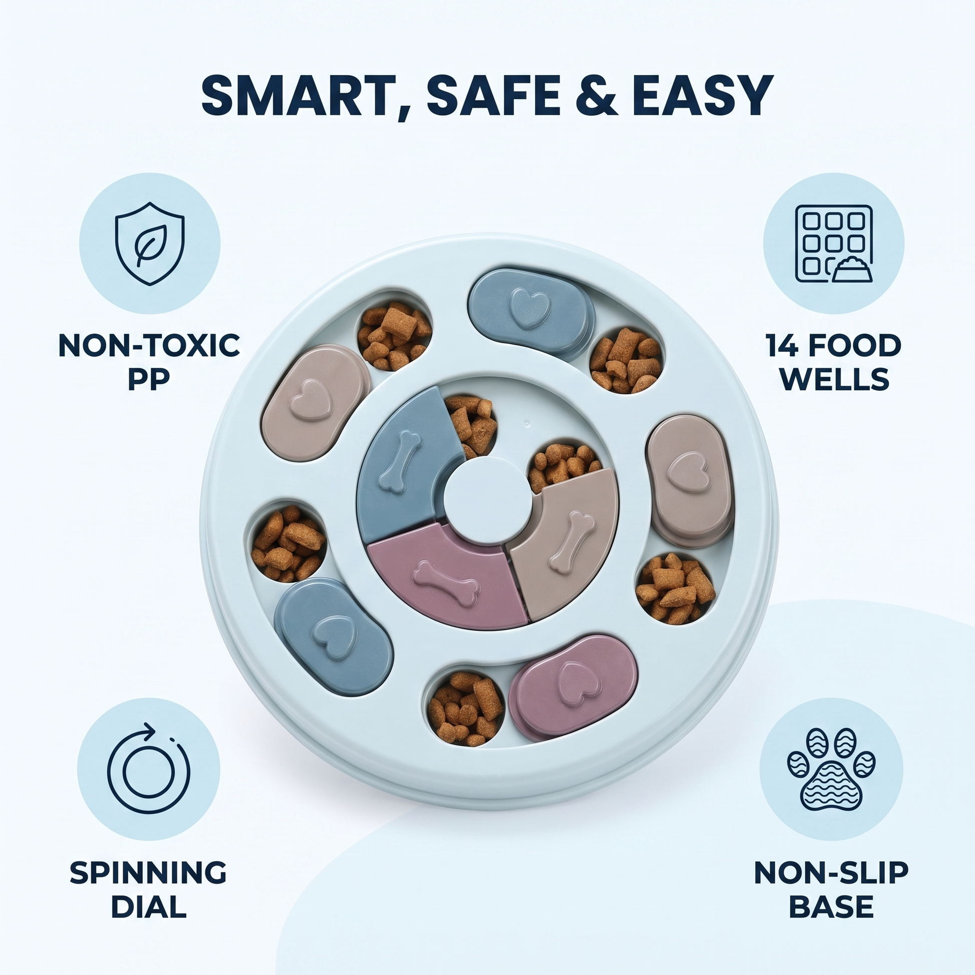Feature graphic showing non-toxic PP, 14 food wells, spinning dial and non-slip base of the slow feeder puzzle bowl