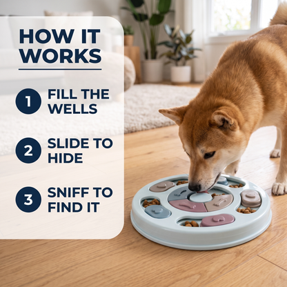 How-it-works graphic showing fill the wells, slide to hide and sniff to find it, with a Shiba Inu using the puzzle bowl