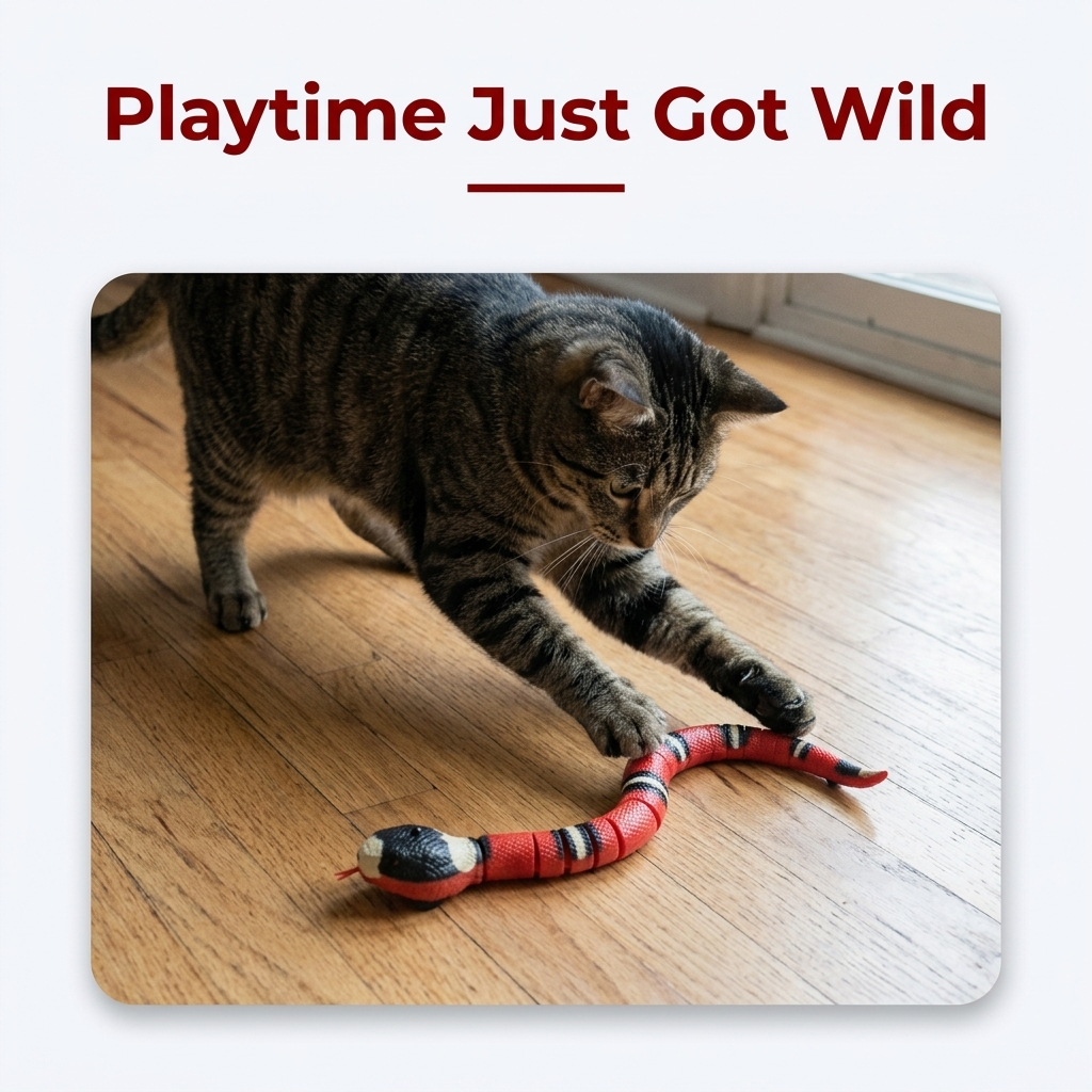 Playtime just got wild cat pouncing on snake toy