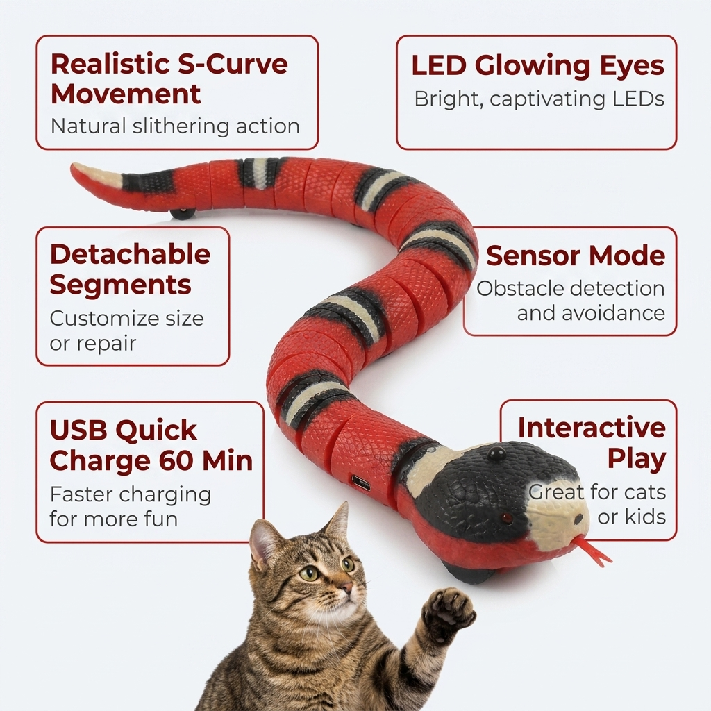 Realistic S-curve movement LED glowing eyes detachable segments infographic