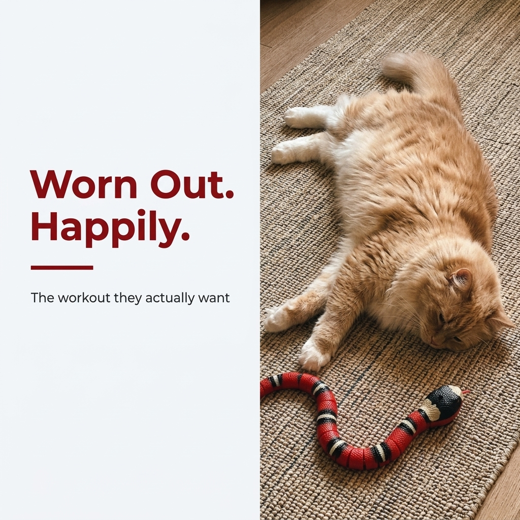 Cat worn out happily after playing with snake toy