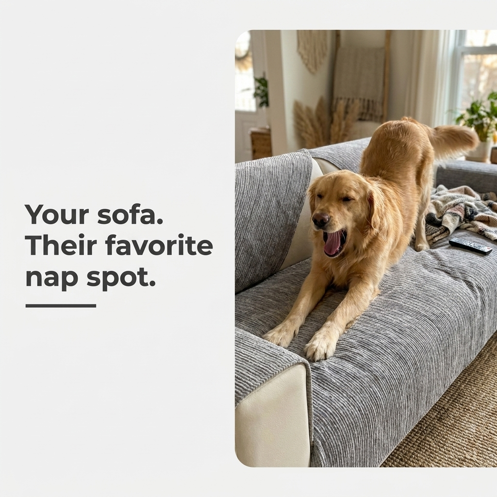 Golden retriever standing on a grey sofa cover with text Your sofa. Their favorite nap spot.