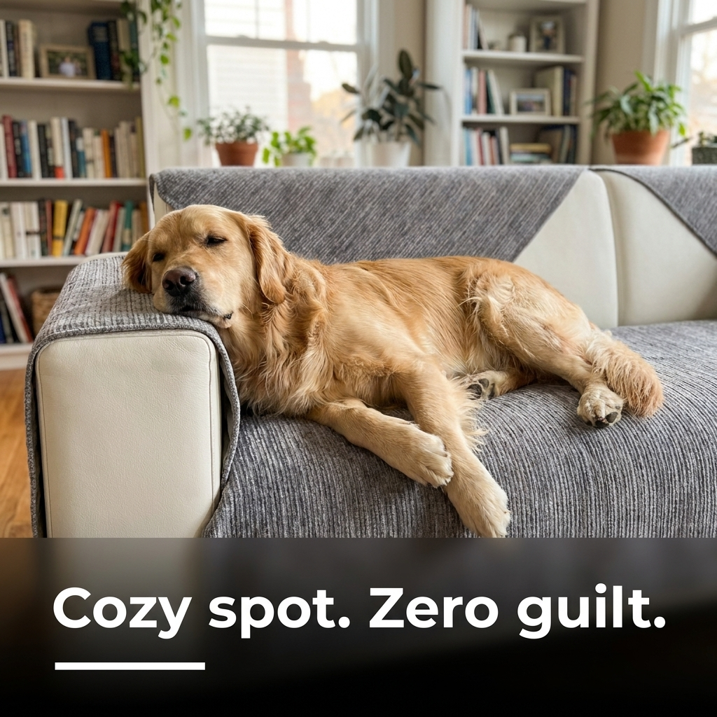 Golden retriever napping on grey sofa cover with text Cozy spot. Zero guilt.