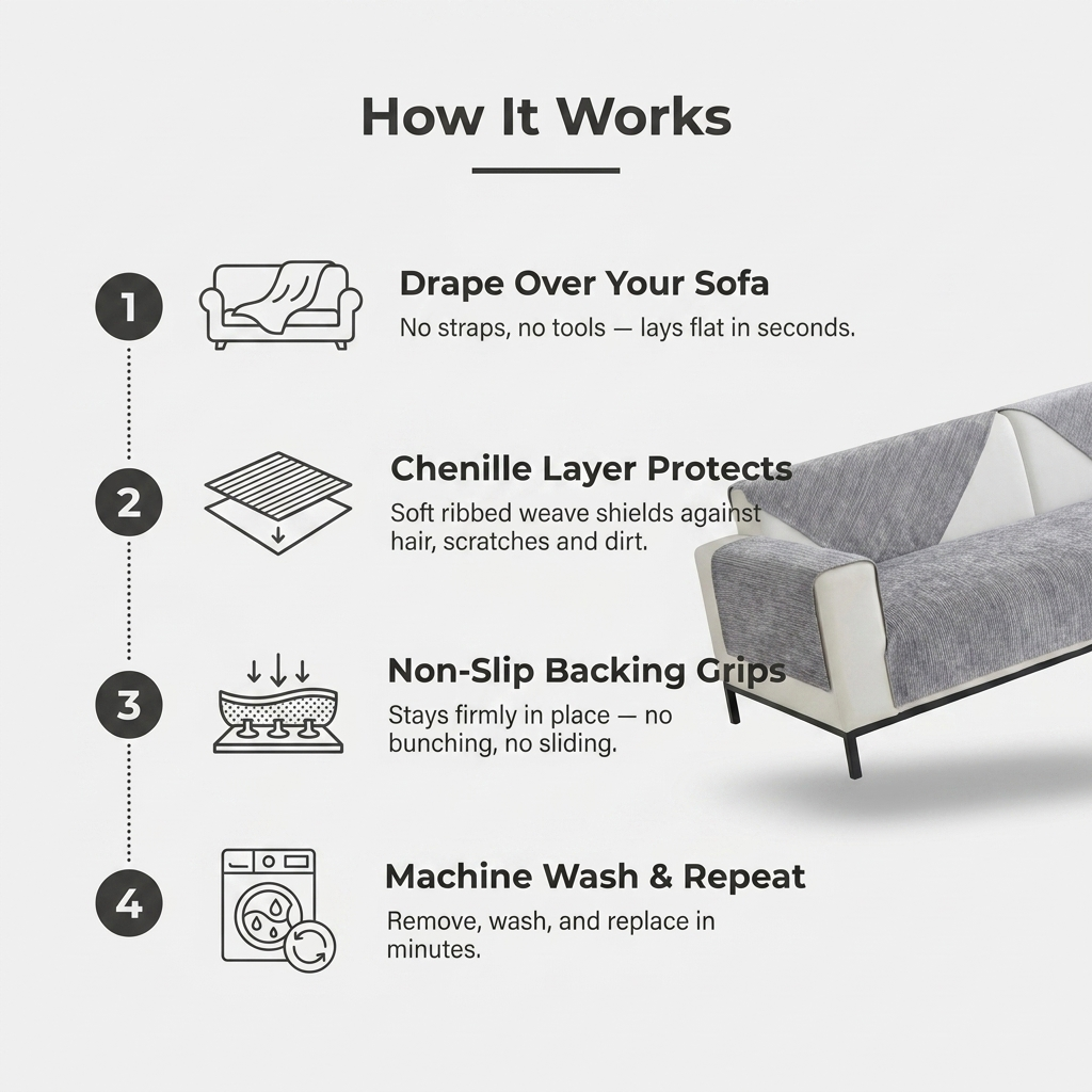 How It Works infographic for the sofa cover: drape, chenille layer, non-slip backing, machine wash