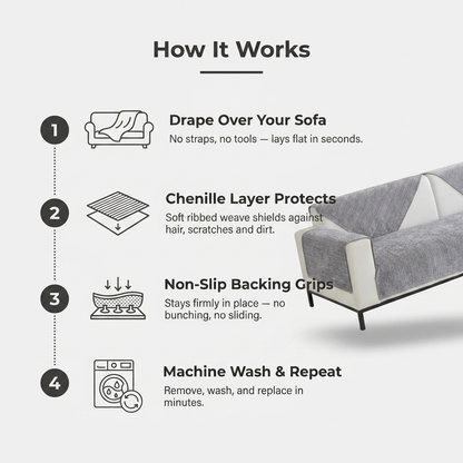 How It Works infographic for the sofa cover: drape, chenille layer, non-slip backing, machine wash