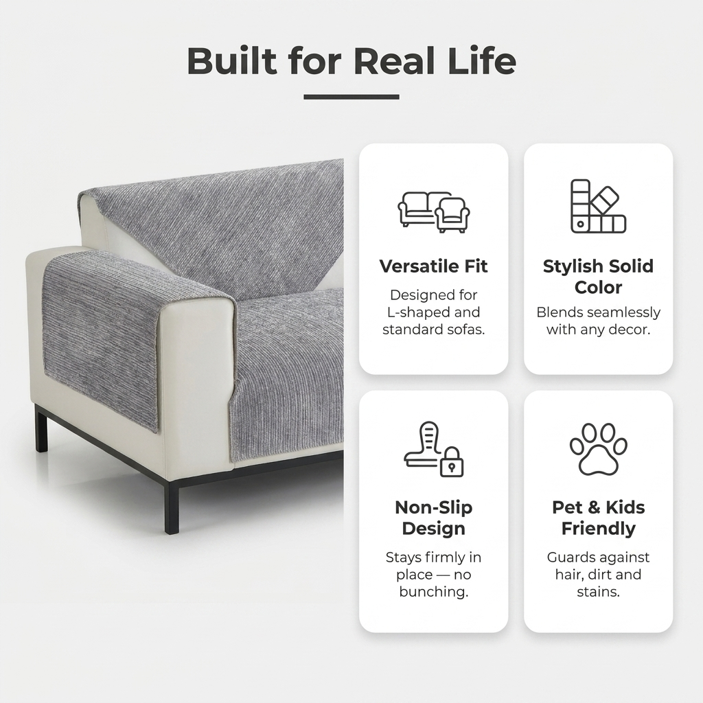 Built for Real Life infographic showing versatile fit, stylish solid color, non-slip design, pet and kid friendly