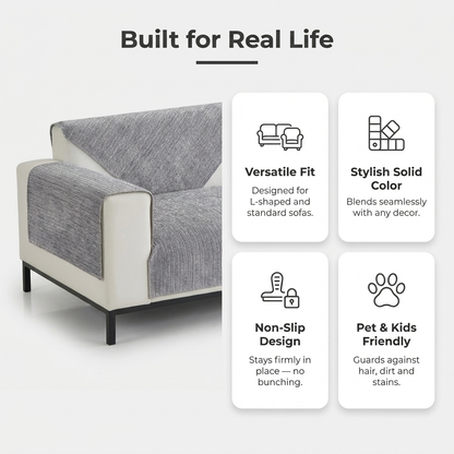 Built for Real Life infographic showing versatile fit, stylish solid color, non-slip design, pet and kid friendly
