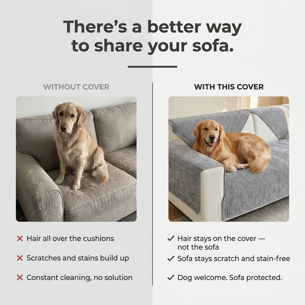 Before and after comparison showing a sofa without and with the pet sofa cover