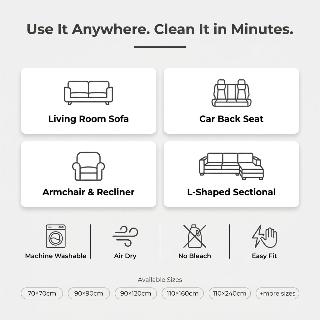 Use It Anywhere infographic showing living room sofa, car back seat, armchair, and sectional uses with available sizes