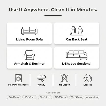 Use It Anywhere infographic showing living room sofa, car back seat, armchair, and sectional uses with available sizes
