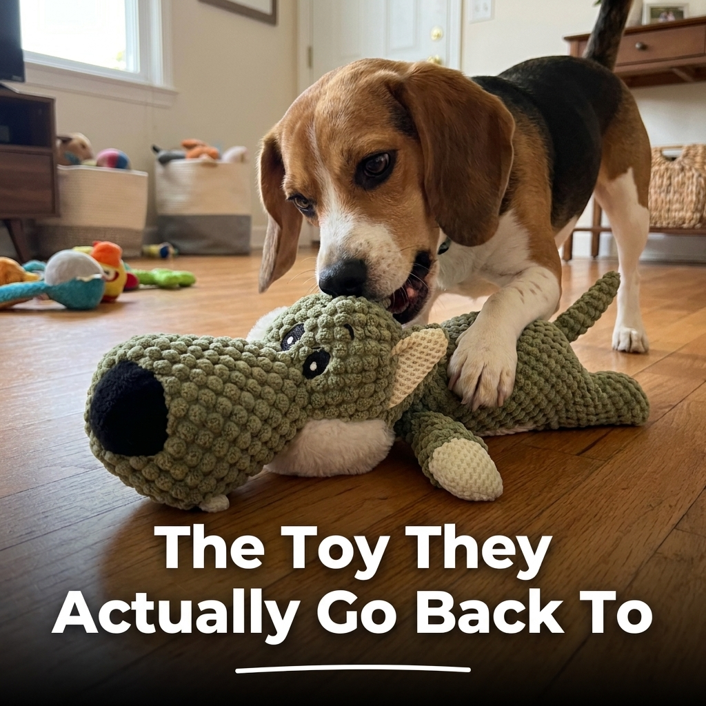 Beagle playing tug with the olive green wolf toy, text The Toy They Actually Go Back To