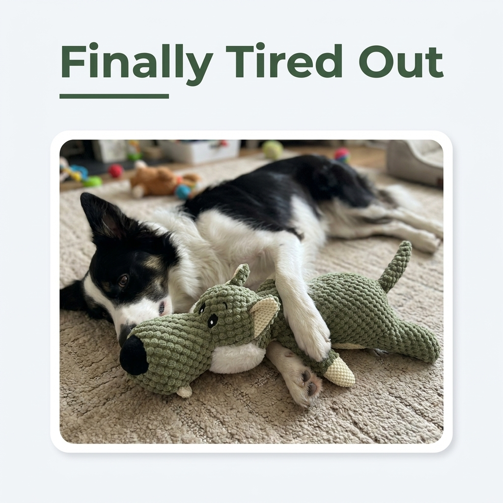 Dog sleeping next to the wolf toy with text Finally Tired Out