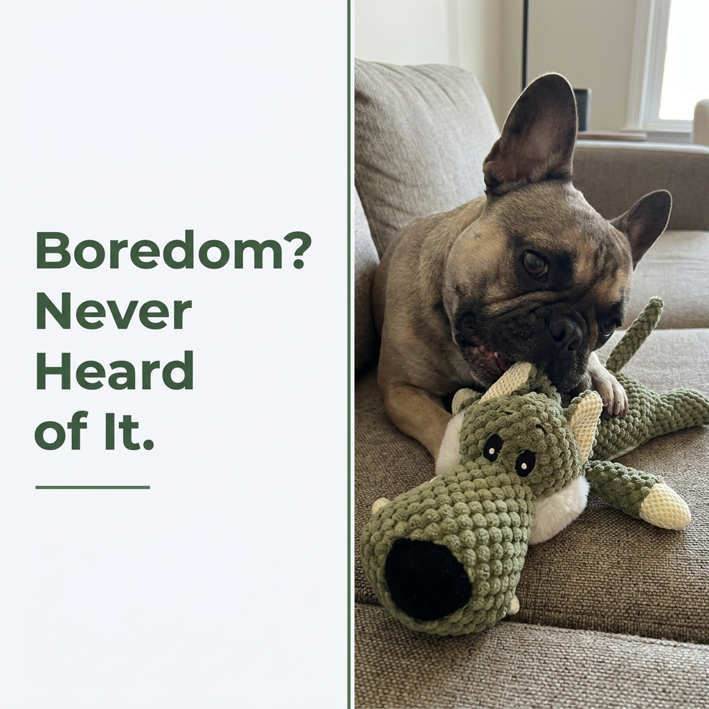 French bulldog chewing the wolf toy on a sofa with text Boredom? Never Heard of It.