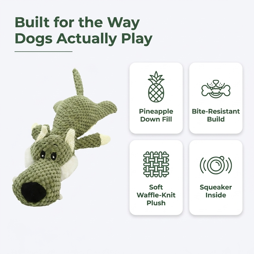Built for the Way Dogs Actually Play infographic: pineapple down fill, bite-resistant build, soft waffle-knit plush, squeaker inside