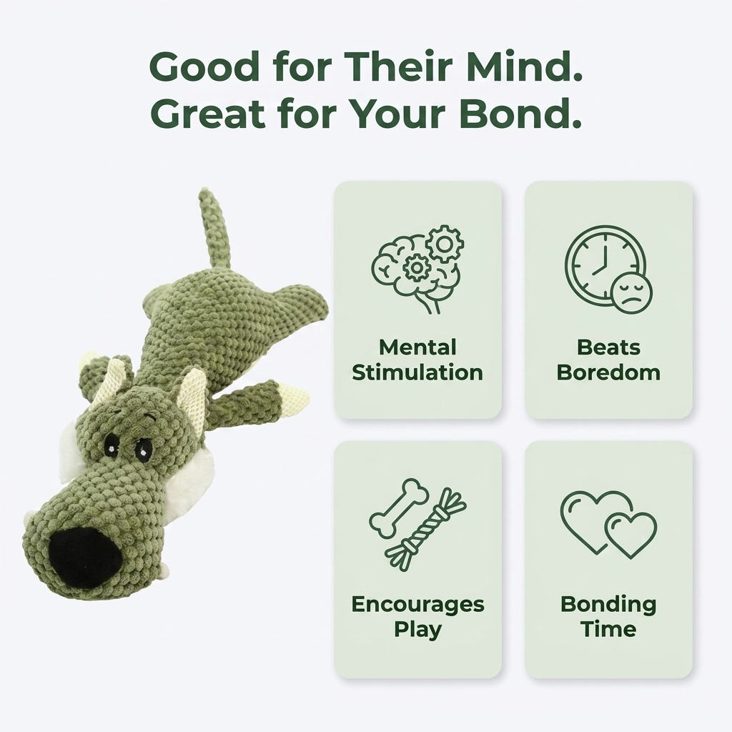 Good for Their Mind. Great for Your Bond. infographic: mental stimulation, beats boredom, encourages play, bonding time