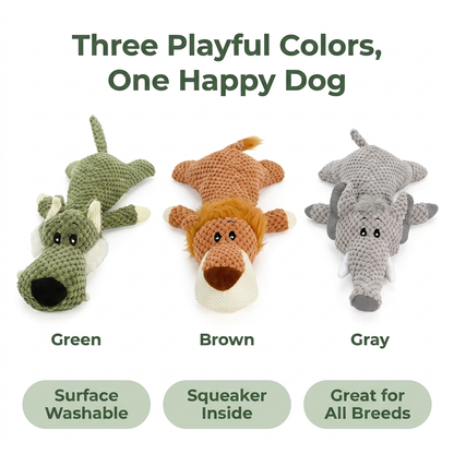 Three Playful Colors, One Happy Dog: Green wolf, Brown lion, Gray elephant plush toys