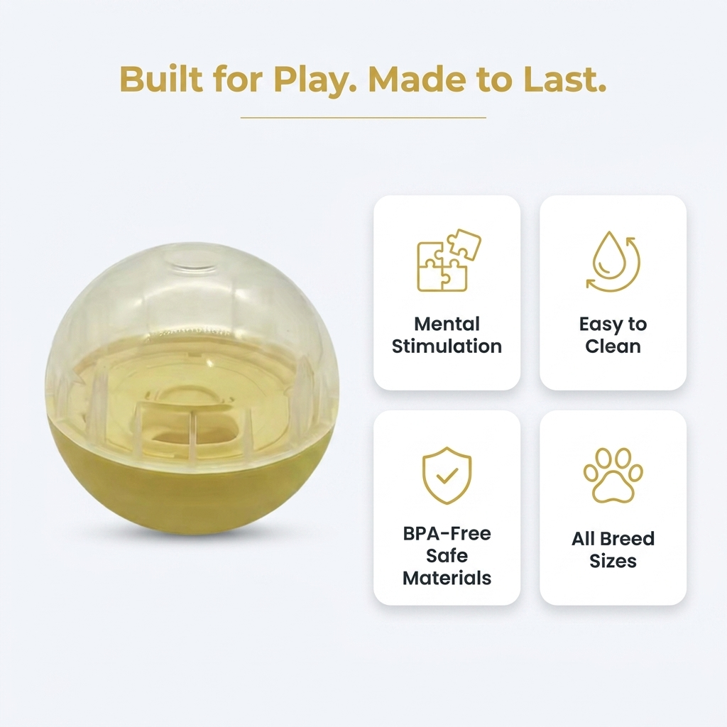 Feature infographic titled Built for Play Made to Last, showing the treat dispenser ball with callouts for mental stimulation, easy to clean, BPA-free safe materials, and all breed sizes.