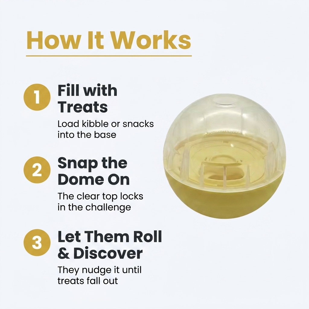 How It Works infographic explaining the three steps to fill the treat ball with treats, snap the clear dome on, and let the dog roll and discover.