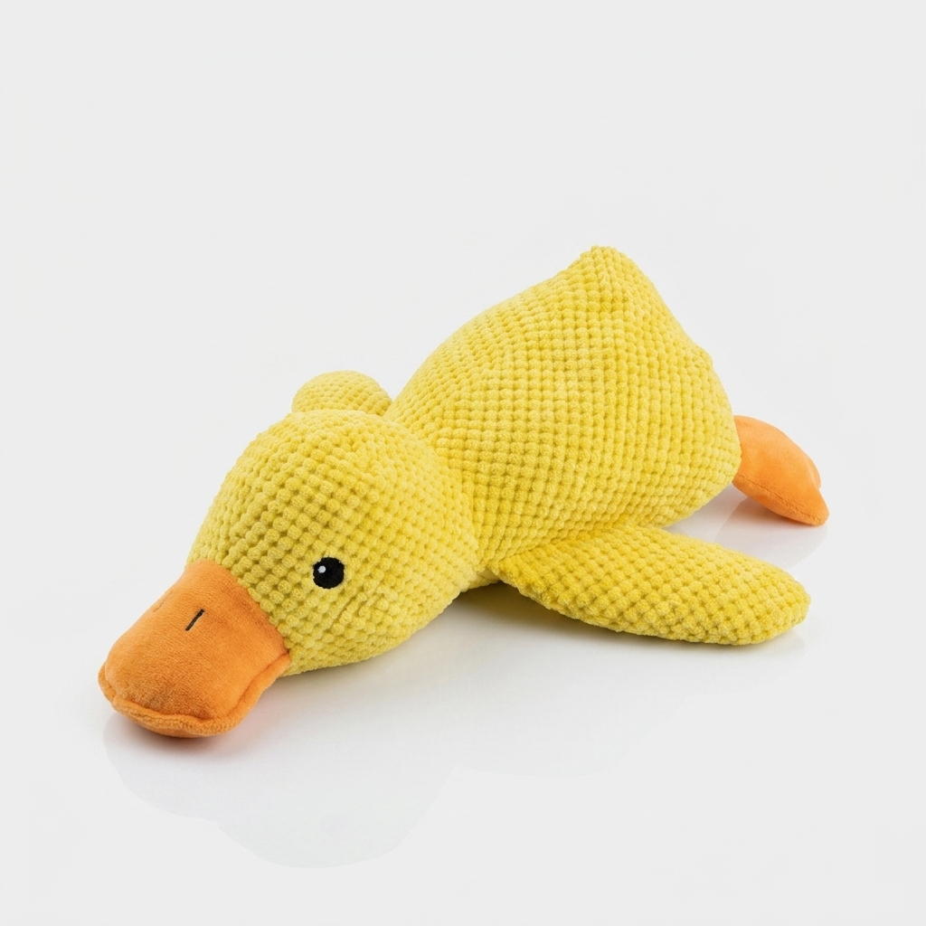 Yellow checkered plush duck dog toy with orange beak and feet displayed on a white background.