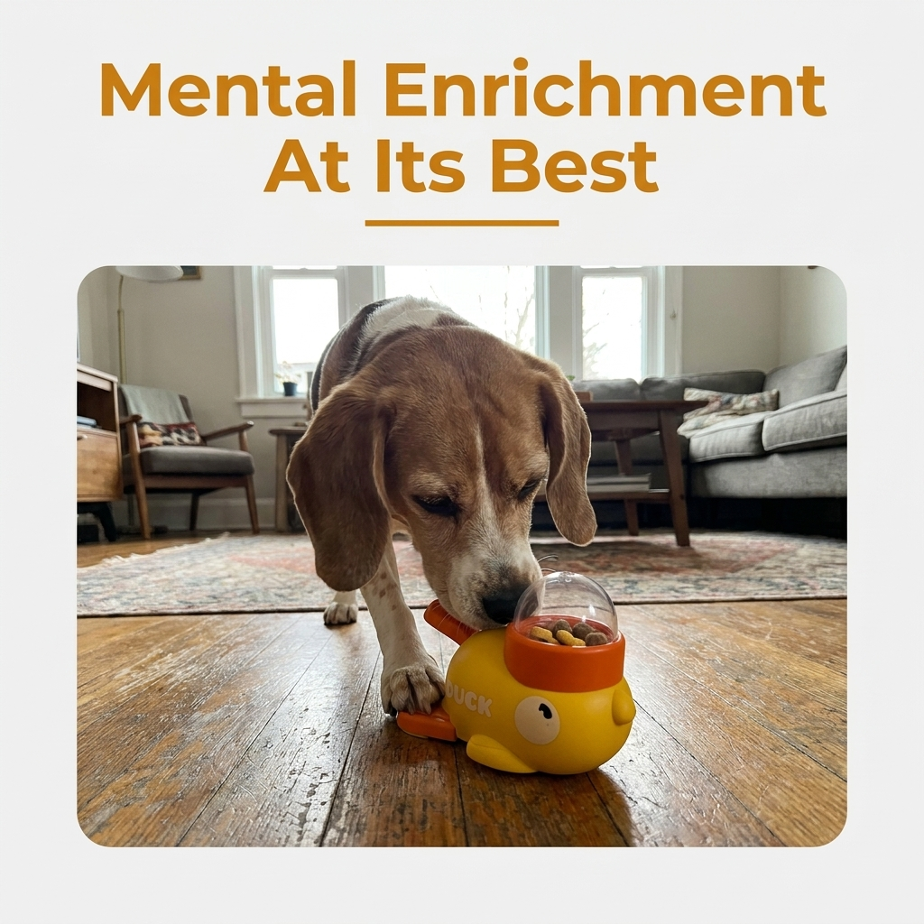 A beagle noses the yellow duck treat dispenser toy loaded with kibble on a wooden floor, above a heading reading Mental Enrichment At Its Best.