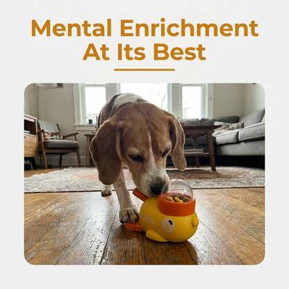 A beagle noses the yellow duck treat dispenser toy loaded with kibble on a wooden floor, above a heading reading Mental Enrichment At Its Best.