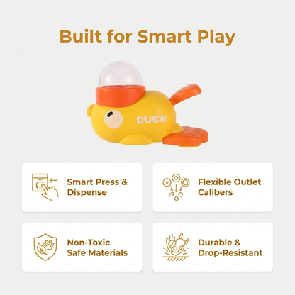 Built for Smart Play feature infographic highlighting smart press and dispense, flexible outlet calibers, non-toxic safe materials, and durable drop-resistant design of the yellow duck toy.