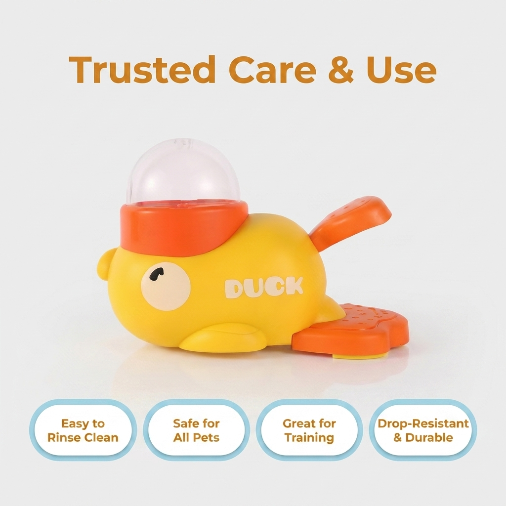 Trusted Care and Use infographic showing an angled view of the yellow duck treat dispenser toy with badges for easy to rinse clean, safe for all pets, great for training, and drop-resistant and durable.