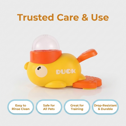 Trusted Care and Use infographic showing an angled view of the yellow duck treat dispenser toy with badges for easy to rinse clean, safe for all pets, great for training, and drop-resistant and durable.