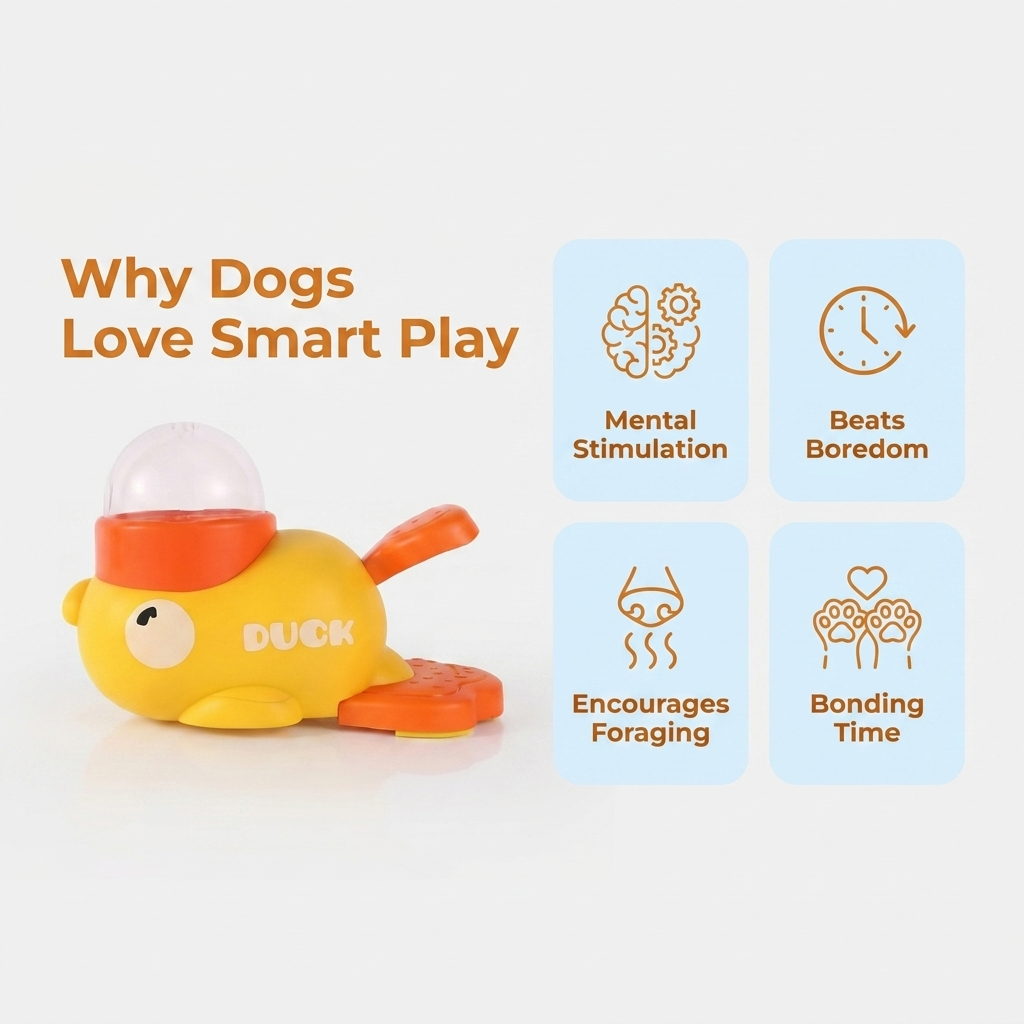 Why Dogs Love Smart Play infographic with the yellow duck dispenser toy and icons for mental stimulation, beats boredom, encourages foraging, and bonding time.