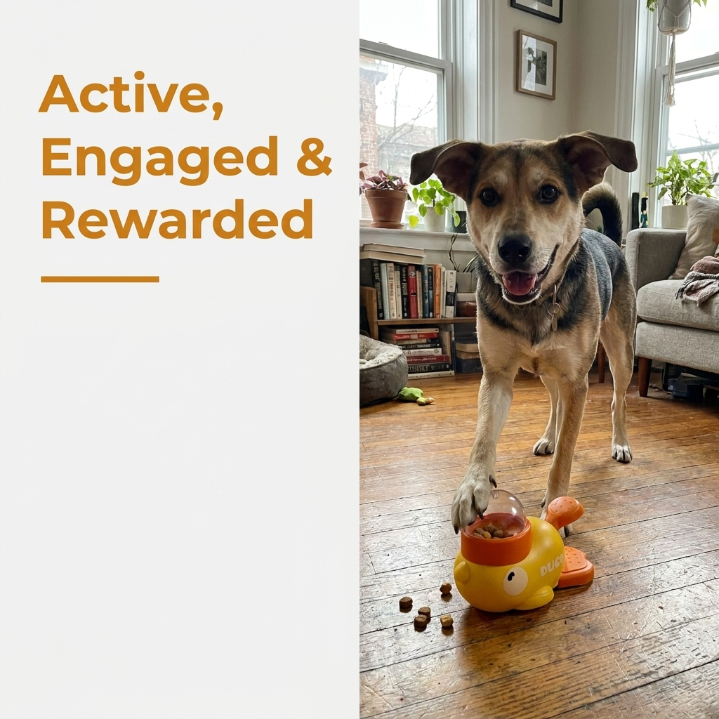 A dog stands over the yellow duck treat dispenser toy with scattered kibble on a wooden floor, beside a heading reading Active, Engaged and Rewarded.