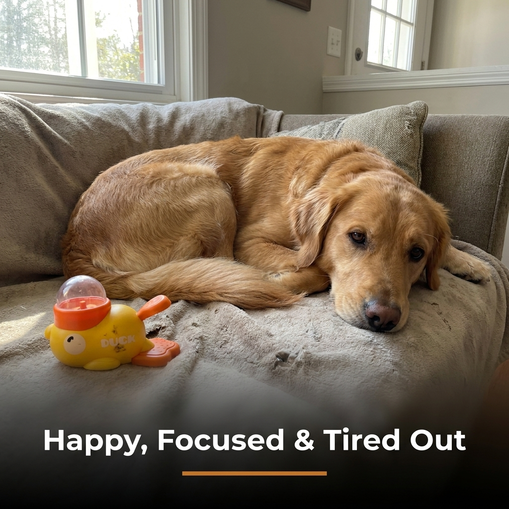 A golden retriever rests calmly on a couch next to the yellow duck treat dispenser toy, below a heading reading Happy, Focused and Tired Out.