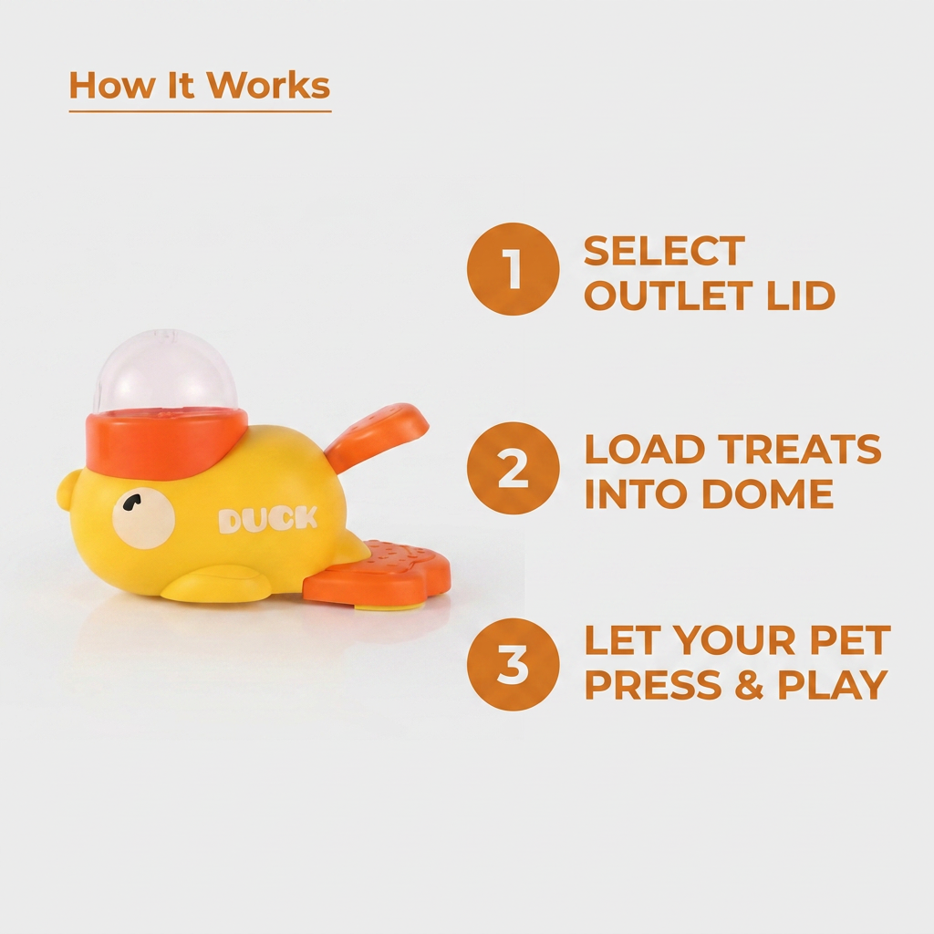 How It Works infographic showing three steps to select the outlet lid, load treats into the dome, and let your pet press and play with the yellow duck dispenser toy.