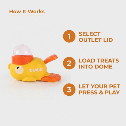 How It Works infographic showing three steps to select the outlet lid, load treats into the dome, and let your pet press and play with the yellow duck dispenser toy.