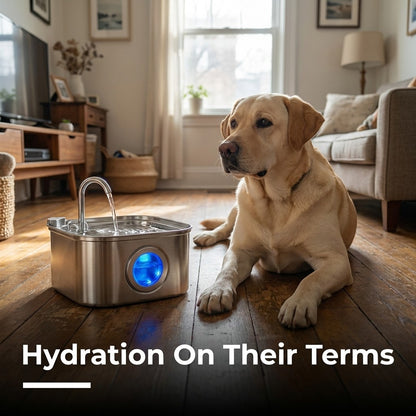 Yellow Labrador lying on a wood floor beside a stainless steel pet water fountain with a glowing blue window in a sunlit living room.
